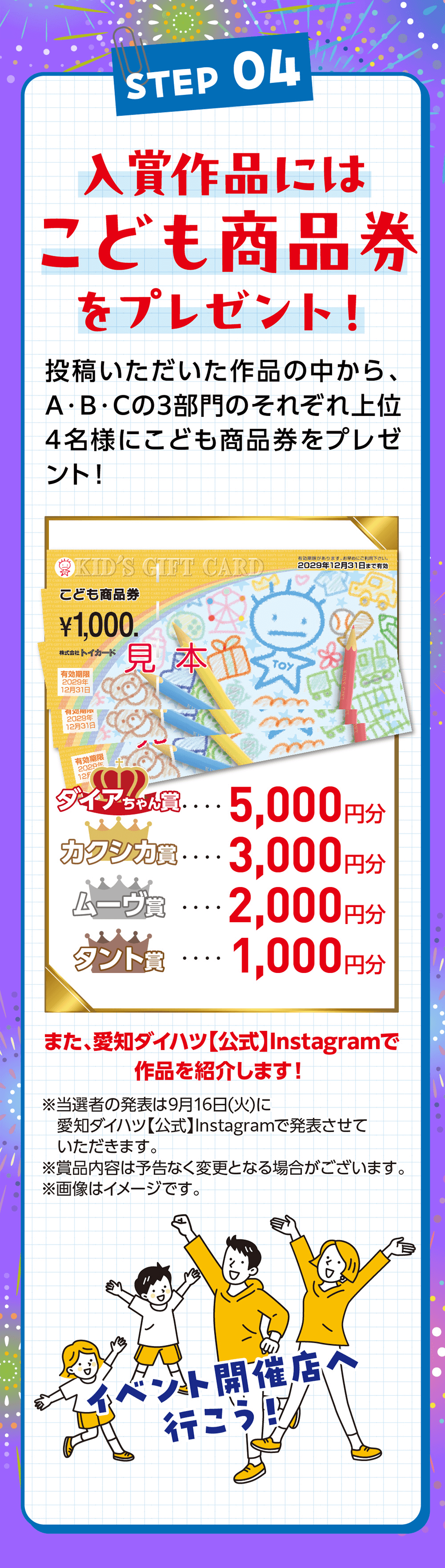 STEP 04入賞作品にはこども商品券をプレゼント!投稿いただいた作品の中から、A・B・Cの3部門のそれぞれ上位4名様にこども商品券をプレゼント!