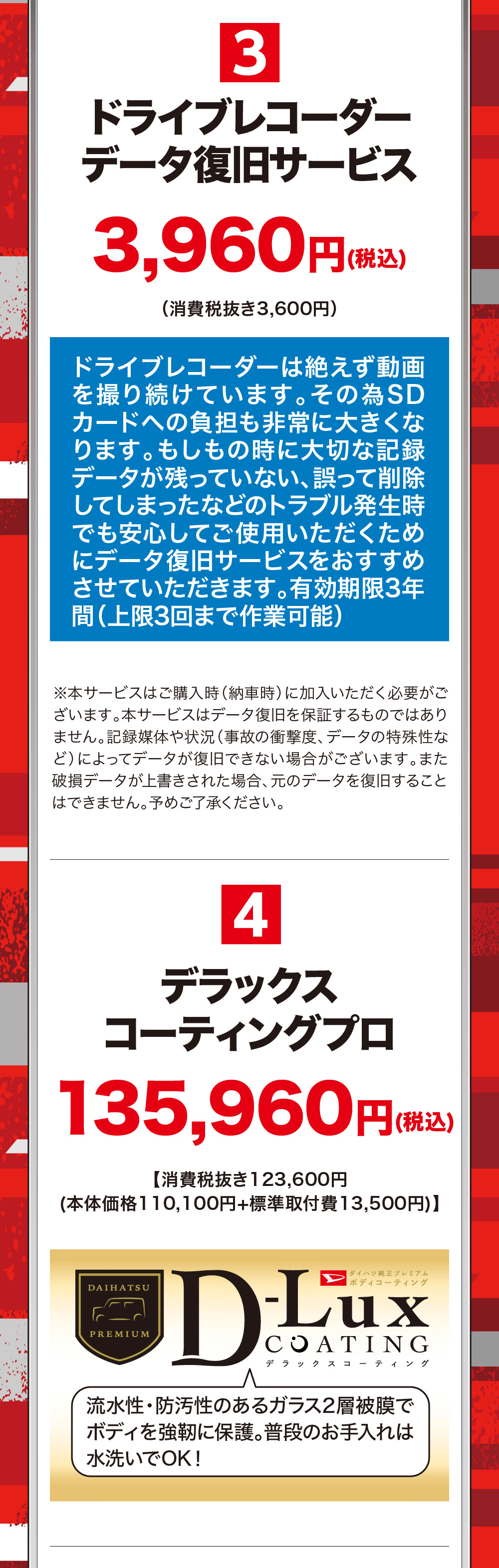 3ドライブレコーダーデータ復旧サービス3,960 円(税込)(消費税抜き3,600円)ドライブレコーダーは絶えず動画を撮り続けています。 その為SDカードへの負担も非常に大きくなります。もしもの時に大切な記録データが残っていない、誤って削除してしまったなどのトラブル発生時でも安心してご使用いただくためにデータ復旧サービスをおすすめさせていただきます。 有効期限3年間(上限3回まで作業可能)※本サービスはご購入時(納車時)に加入いただく必要がございます。 本サービスはデータ復旧を保証するものではありません。記録媒体や状況 (事故の衝撃度、 データの特殊性など)によってデータが復旧できない場合がございます。また破損データが上書きされた場合、 元のデータを復旧することはできません。予めご了承ください。　4.デラックスコーティングプロ135,960円(税【消費税抜き123,600円(税込) (本体価格110,100円+標準取付費 13,500円)】DAIHATSUPREMIUMダイハツ純正プレミアム|ボディコーティングD.LuxCOATINGデラックスコーティング流水性・防汚性のあるガラス2層被膜でボディを強靭に保護。 普段のお手入れは水洗いでOK!