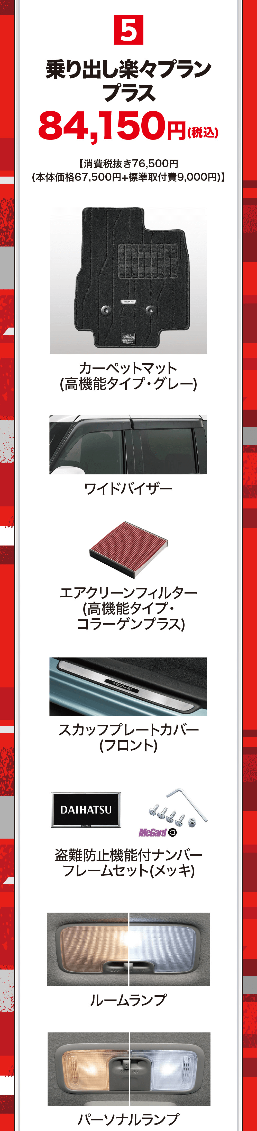 5乗り出し楽々プランプラス84,150 円(税込)【消費税抜き76,500円(本体価格67,500円+標準取付費 9,000円)】MOVEカーペットマット(高機能タイプ・グレー)ワイドバイザーエアクリーンフィルター(高機能タイプ・コラーゲンプラス)MOVEスカッフプレートカバー(フロント)DAIHATSUCAIRATEMcGard盗難防止機能付ナンバーフレームセット(メッキ)ルームランプパーソナルランプ
