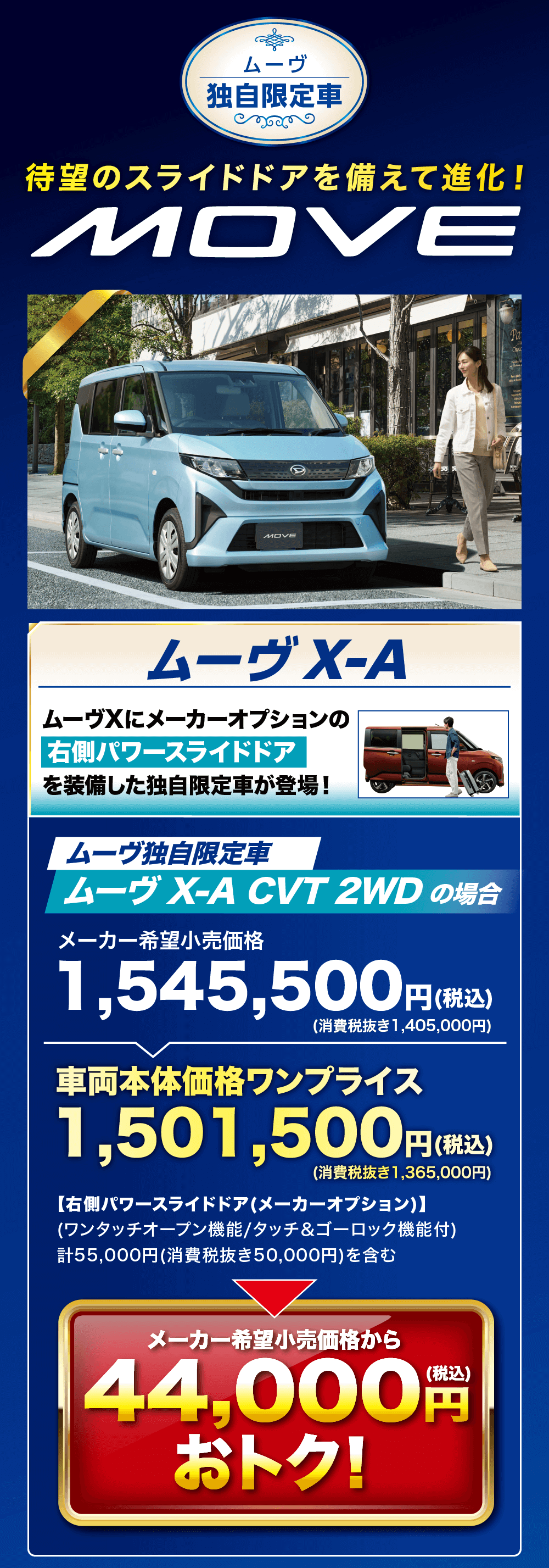 ムーヴ独自限定車待望のスライドドアを備えて進化!MOVEMOVEムーヴ X-AムーヴXにメーカーオプションの 右側パワースライドドアを装備した独自限定車が登場!新型ムーヴ独自限定車ムーヴ X-A CVT 2WD の場合メーカー希望小売価格1,545,500 円(税込)(消費税抜き1,405,000円)車両本体価格ワンプライス1,501,500円(税込)(消費税抜き1,365,000円)【右側パワースライドドア (メーカーオプション)】(ワンタッチオープン機能/タッチ&ゴーロック機能付)計55,000円(消費税抜き50,000円)を含むメーカー希望小売価格から44,000円(税込)おトク!