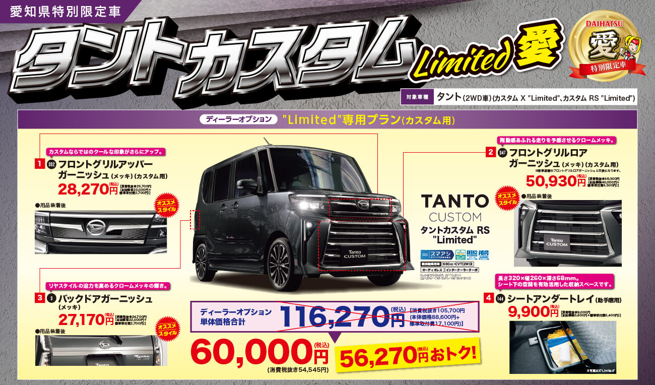 愛知県特別限定車タントDAIHATSU愛特別限定車カスタムLimited　対象 タント (2WD車)車種 (カスタム X Limited、カスタム RS Limited)対象　Limited専用プラン(カスタム用)タントカスタム RS TANTO Limited