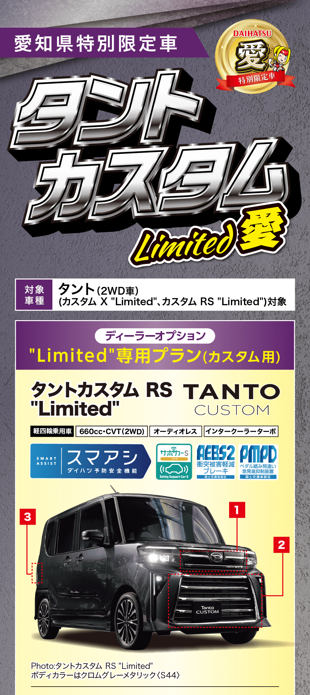 愛知県特別限定車タントDAIHATSU愛特別限定車カスタムLimited　対象 タント (2WD車)車種 (カスタム X Limited、カスタム RS Limited)対象　Limited専用プラン(カスタム用)タントカスタム RS TANTO Limited