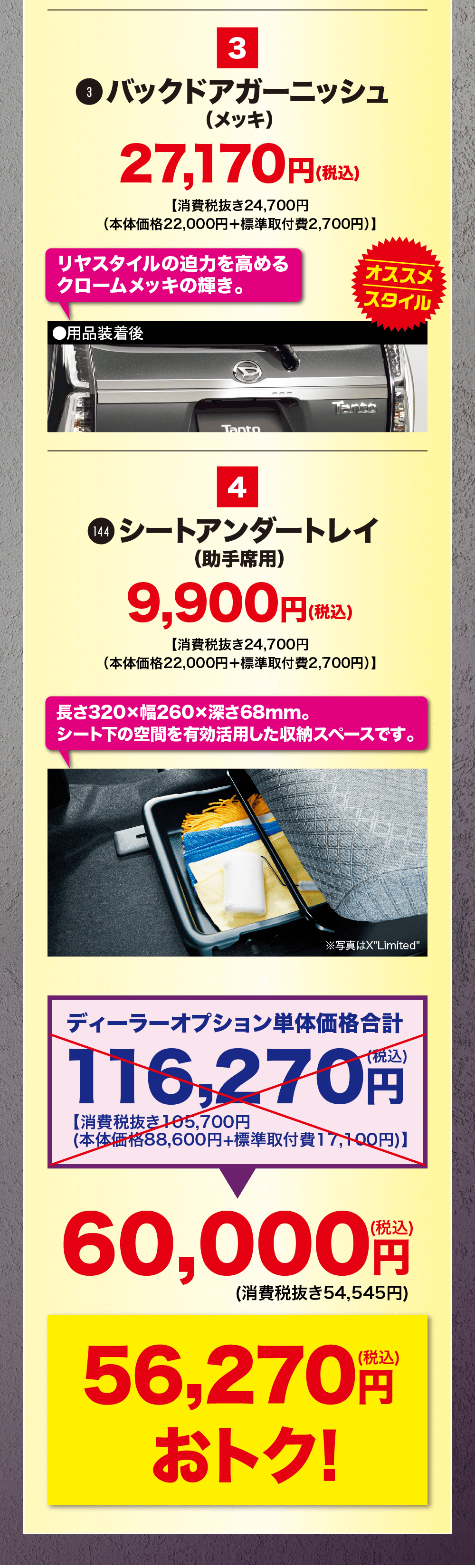 3バックドアガーニッシュ(メッキ)27,170円 (税込)【消費税抜き24,700円(本体価格22,000円+標準取付費 2,700円)】リヤスタイルの迫力を高めるオススメクロームメッキの輝き。●用品装着後Tantoスタイル4144 シートアンダートレイ(助手席用)9,900円(税込)【消費税抜き24,700円(本体価格22,000円+標準取付費 2,700円)】長さ320×幅260×深さ68mm。シート下の空間を有効活用した収納スペースです。※写真はX