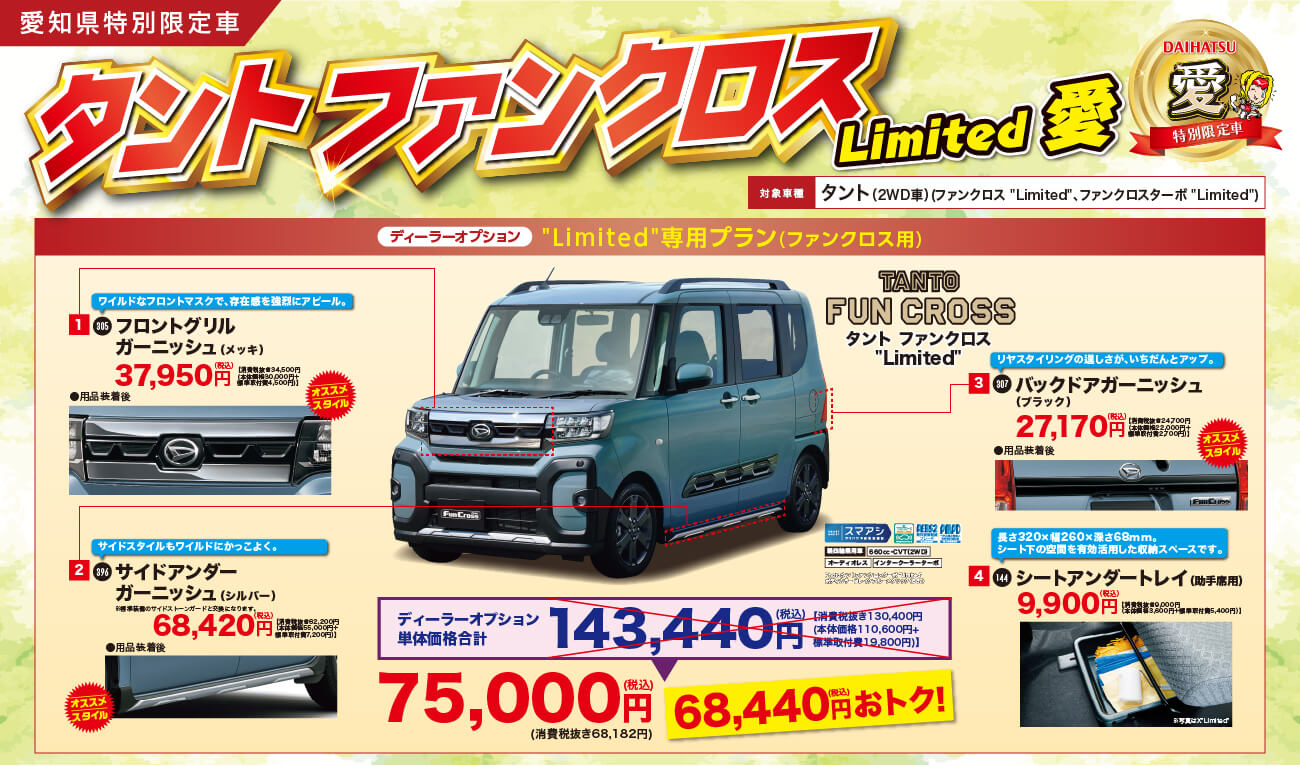 愛知県特別限定車タントDAIHATSU愛特別限定車ファンクロスLimited対象 タント (2WD車)車種 (ファンクロス 