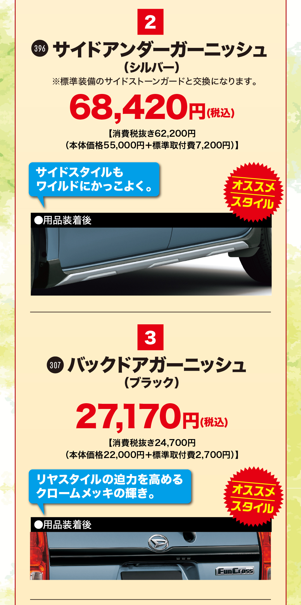 2 396 サイドアンダーガーニッシュ(シルバー)※標準装備のサイドストーンガードと交換になります。68,420円(税込)【消費税抜き62,200円(本体価格55,000円+標準取付費 7,200円)】サイドスタイルもワイルドにかっこよく。オススメスタイル」■用品装着後 3 307 バックドアガーニッシュ(ブラック)27,170円(【消費税抜き24,700円(税込)(本体価格22,000円+標準取付費 2,700円)】