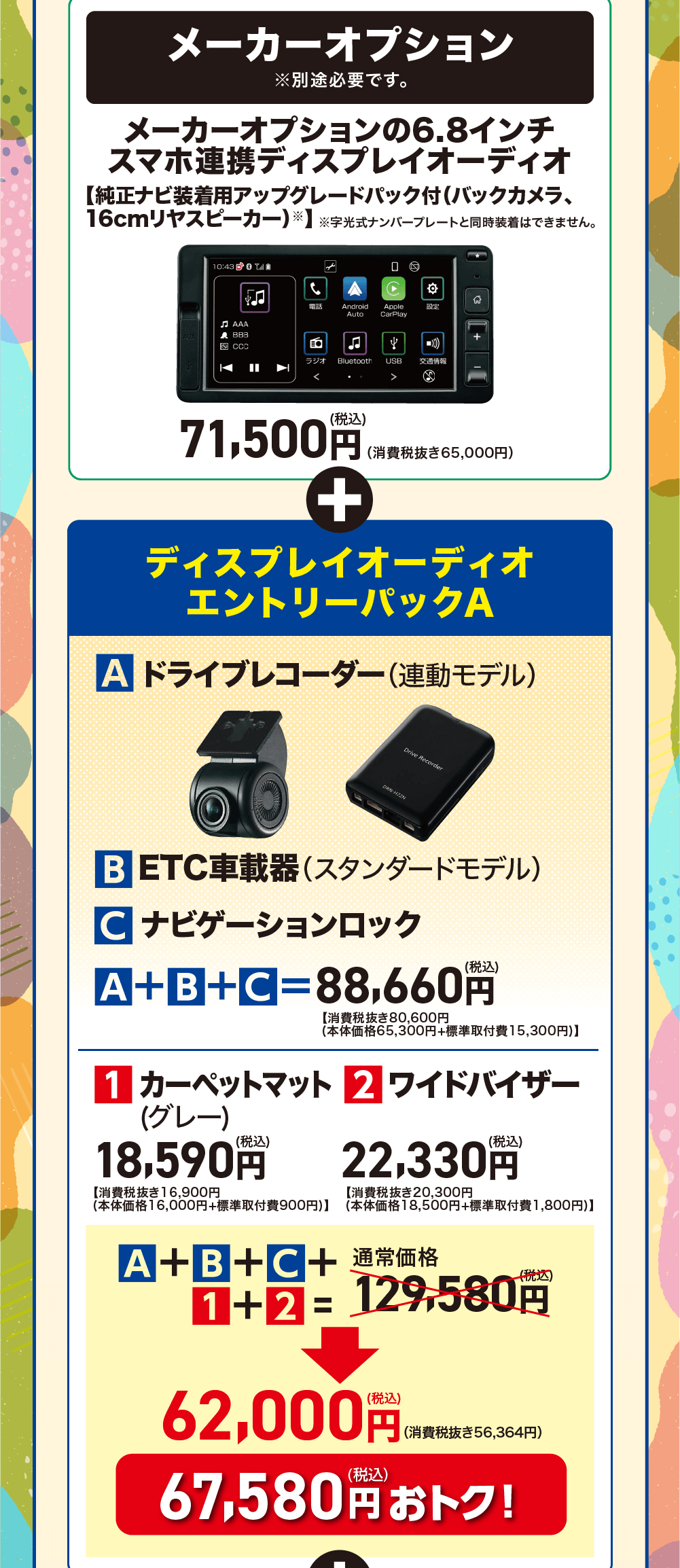 メーカーオプション※別途必要です。(税込)71,500円+(消費税抜き65,000円)ディスプレイオーディオエントリーパックAA ドライブレコーダー (連動モデル)Drive RecorderDRN-72NB ETC車載器 (スタンダードモデル)C ナビゲーションロックA+B+C=88,660円【消費税抜き80,600円(本体価格65,300円+標準取付費 15,300円)】1 カーペットマット 2 ワイドバイザー(グレー) 18,590円(税込)22,330円【消費税抜き16,900円【消費税抜き20,300円(本体価格16,000円+標準取付費900円)】 (本体価格 18,500円+標準取付費 1,800円)】A+B+C+ 通常価格 1+2=62,000円(税込)(消費税抜き56,364円)67,580円おトク!