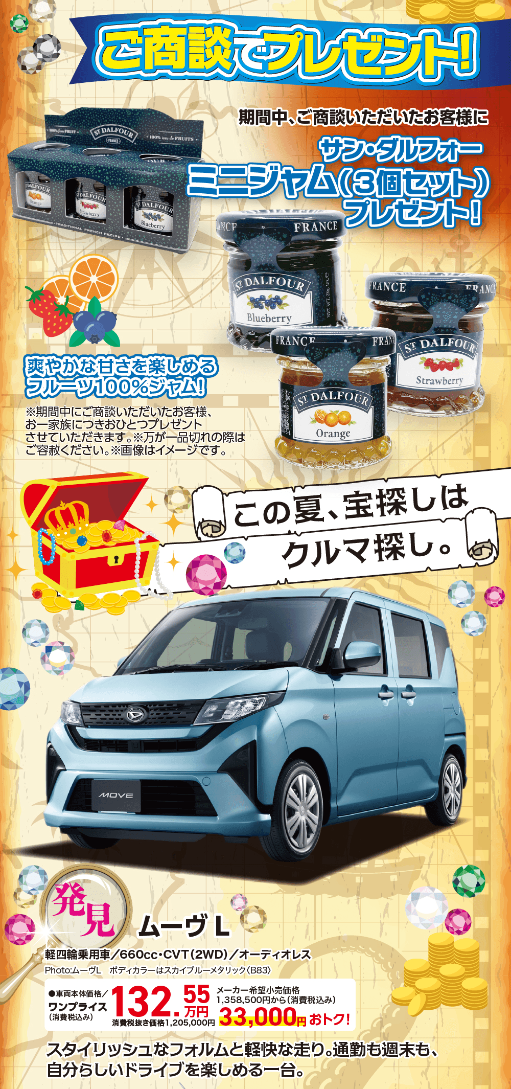 ご商談でプレゼント！期間中、ご商談いただいたお客様にサン・ダルフォー ミニジャム(3個セット)プレゼント！爽やかな甘さを楽しめるフルーツ100％ジャム！ この夏、宝探しはクルマ探し。 発見 ムーヴL 軽四輪乗用車／660cc・CVT(2WD)／オーディオレス、ワンプライス(消費税込み)132.55万円 消費税抜き価格1,205,000円、メーカー希望小売価格1,358,500円から(消費税込み)33,000円おトク！ スタイリッシュなフォルムと軽快な走り。通勤も週末も、自分らしいドライブを楽しめる一台。