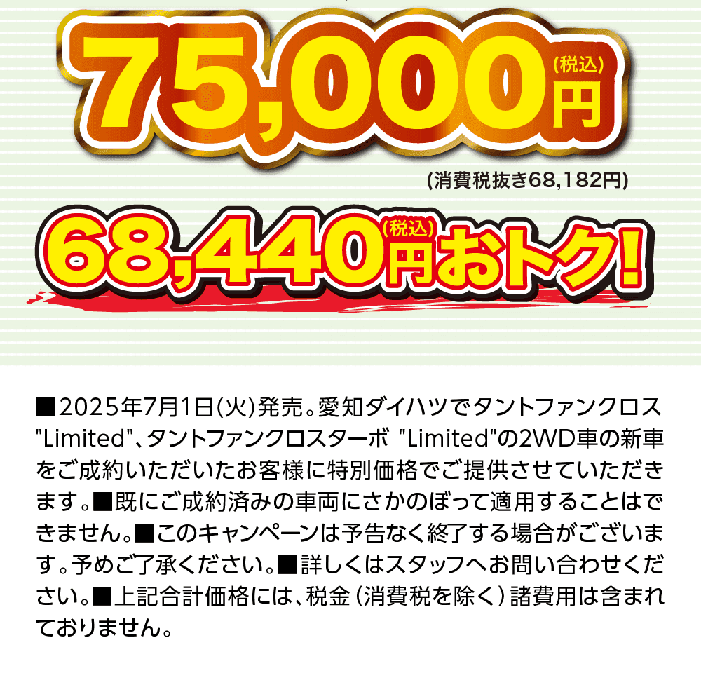 75,000円（税込）（消費税抜き68,182円）、68,440円おトク！、2025年7月1日（火）発売。愛知ダイハツでタントファンクロス Limited、タントファンクロスターボ Limitedの2WD車の新車をご成約いただいたお客様に特別価格でご提供させていただきます。