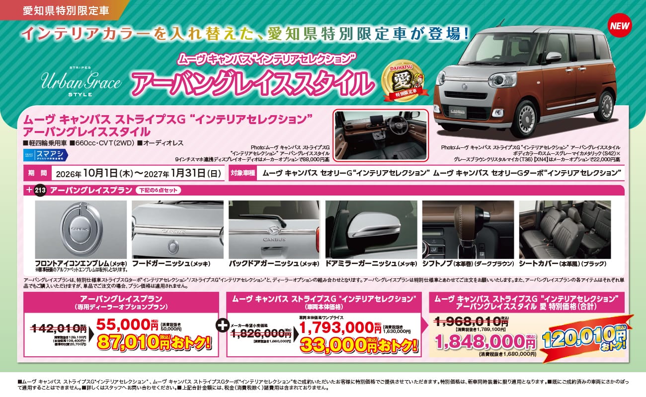 愛知県特別限定車、インテリアカラーを入れ替えた、愛知県特別限定車が登場!、STRIPES Urban Grace STYLE、NEW、ムーヴ キャンバス“インテリアセレクション” アーバングレイススタイル、DAIHATSU 愛 特別限定車、ムーヴ キャンバス ストライプスG“インテリアセレクション” アーバングレイススタイル、軽四輪乗用車、660cc・CVT（2WD）、オーディオレス、スマアシ、期間 2026年10月1日（木）〜2027年1月31日（日）、対象車種 ムーヴ キャンバス ストライプスG“インテリアセレクション”、ムーヴ キャンバス ストライプスGターボ“インテリアセレクション”、213 アーバングレイスプラン 下記の6点セット、フロントアイコンエンブレム（メッキ）※標準装備のアルファベットエンブレムは取外しとなります。、フードガーニッシュ（メッキ）、バックドアガーニッシュ（メッキ）、ドアミラーガーニッシュ（メッキ）、シフトノブ（本革巻）（ダークブラウン）、シートカバー（本革風）（ブラック）、アーバングレイスプランは、特別仕様車ストライプスGターボ“インテリアセレクション”／ストライプスG“インテリアセレクション”と、ディーラーオプションの組み合わせとなります。アーバングレイスプランは特別仕様車とあわせてご注文をお願いいたします。また、アーバングレイスプランの各アイテムはそれぞれ単品でもご購入いただけますが、単品でご注文の場合、プラン価格は適用されません。、アーバングレイスプラン（専用ディーラーオプションプラン）142,010円（税込）【消費税抜き129,100円（本体価格108,400円＋標準取付費20,700円）】が55,000円（税込）（消費税抜き50,000円）87,010円（税込）おトク!、ムーヴ キャンバス ストライプスG“インテリアセレクション”（車両本体価格）メーカー希望小売価格1,826,000円（税込）【消費税抜き1,660,000円】が車両本体価格ワンプライス1,793,000円（税込）（消費税抜き1,630,000円）33,000円（税込）おトク!、ムーヴ キャンバス ストライプスG“インテリアセレクション” アーバングレイススタイル 愛 特別価格（合計）1,968,010円（税込）【消費税抜き1,789,100円】が1,848,000円（税込）（消費税抜き1,680,000円）120,010円（税込）おトク!、Photo:ムーヴ キャンバス ストライプスG“インテリアセレクション” アーバングレイススタイル ボディカラーのスムースグレーマイカメタリック〈S42〉×グレースブラウンクリスタルマイカ〈T36〉【XN4】はメーカーオプションで22,000円高、Photo:ムーヴ キャンバス ストライプスG“インテリアセレクション” アーバングレイススタイル 9インチスマホ連携ディスプレイオーディオはメーカーオプションで88,000円高、■ムーヴ キャンバス ストライプスG“インテリアセレクション”、ムーヴ キャンバス ストライプスGターボ“インテリアセレクション”をご成約いただいたお客様に特別価格でご提供させていただきます。特別価格は、新車同時装着に限り適用となります。■既にご成約済みの車両にさかのぼって適用することはできません。■詳しくはスタッフへお問い合わせください。■上記合計金額には、税金（消費税除く）諸費用は含まれておりません。