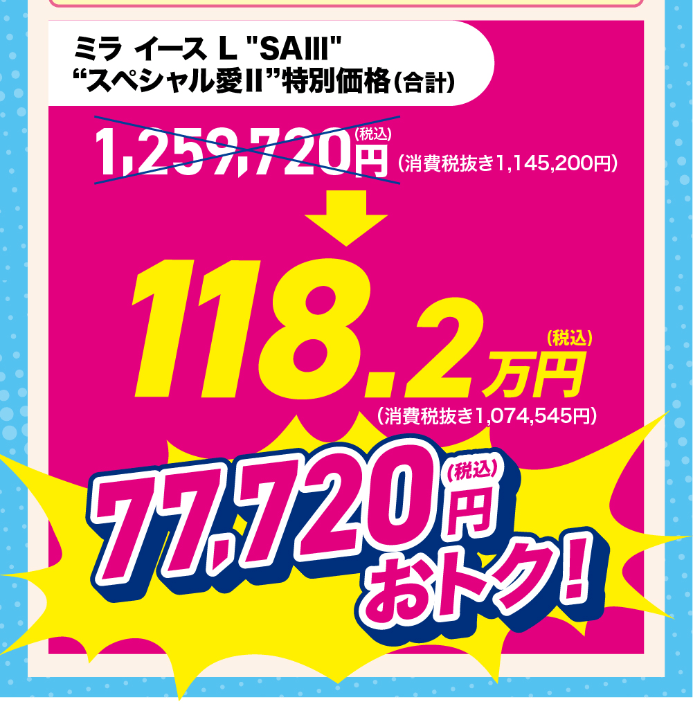 通常合計価格:1,259,720円(税込)「スペシャル愛 II」特別価格:118.2万円(税込)合計で 77,720円(税込)おトク!