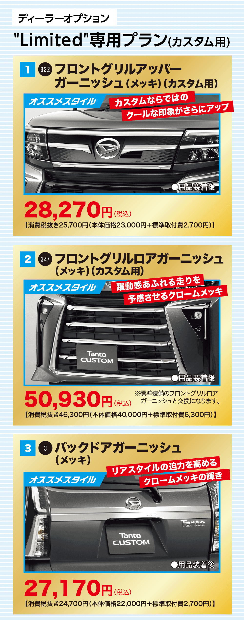ディーラーオプション Limited専用プラン（カスタム用）、1 フロントグリルアッパーガーニッシュ（メッキ）（カスタム用）オススメスタイル カスタムならではのクールな印象がさらにアップ 28,270円（税込）、2 フロントグリルロアガーニッシュ（メッキ）（カスタム用）オススメスタイル 躍動感あふれる走りを予感させるクロームメッキ 50,930円（税込）、3 バックドアガーニッシュ（メッキ）オススメスタイル リアスタイルの迫力を高めるクロームメッキの輝き 27,170円（税込）