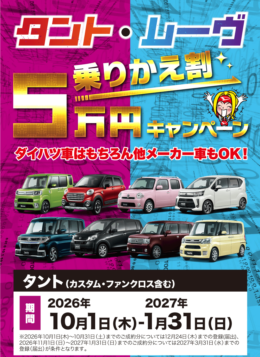タント・ムーヴ、5万円乗りかえ割キャンペーン、ダイハツ車はもちろん他メーカー車もOK!、タント（カスタム・ファンクロス含む）、期間 2026年10月1日(木)-2027年1月31日(日)、※2026年10月1日(木)～10月31日(土)までのご成約分については12月24日(木)までの登録(届出)、2026年11月1日(日)～2027年1月31日(日)までのご成約分については2027年3月31日(水)までの登録(届出)が条件となります。